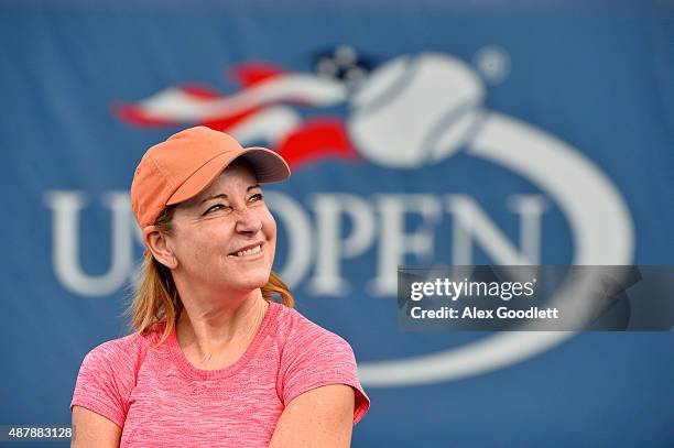 Former professional tennis player Chris Evert hosts a private tennis clinic for Starwood Preferred Guest during the 2015 US Open at the USTA Billie...