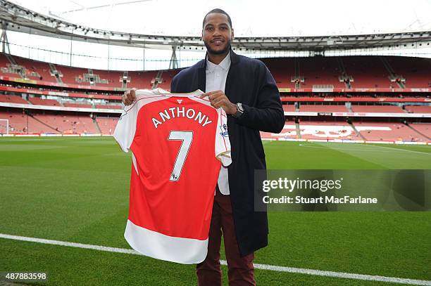 Basketball star Carmelo Anthony pitchside at Emirates stadium the Barclays Premier League match between Arsenal and Stoke City on September 12, 2015...