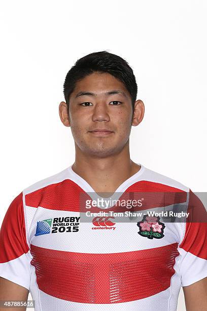 Yoshikazu Fujita of Japan poses for a portrait during the Japan Rugby World Cup 2015 squad photo call in Brighton on September 12, 2015 in Brighton,...