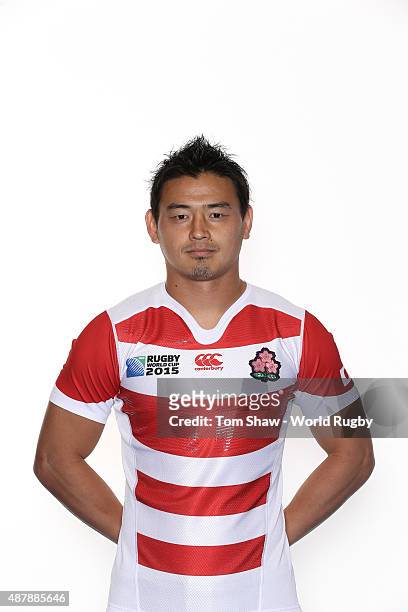 Ayumu Goromaru of Japan poses for a portrait during the Japan Rugby World Cup 2015 squad photo call in Brighton on September 12, 2015 in Brighton,...