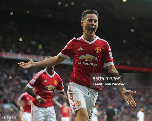 Ander Herrera of Manchester United celebrates scoring their second goalduring the Barclays Premier League match between Manchester United and...