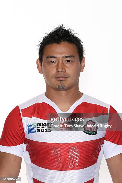 Ayumu Goromaru of Japan poses for a portrait during the Japan Rugby World Cup 2015 squad photo call in Brighton on September 12, 2015 in Brighton,...