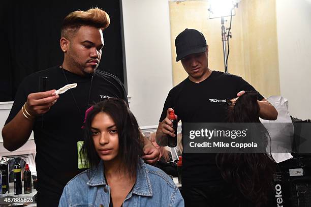 Model prepares backstage with TRESemme at the Rebecca Minkoff Runway Show SS 16 at The Gallery, Skylight at Clarkson Sq on September 12, 2015 in New...