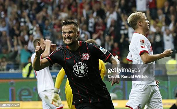 Haris Seferovic of Frankfurt celebrates after scoring his team's fifth goal during the Bundesliga match between Eintracht Frankfurt and 1. FC Koeln...
