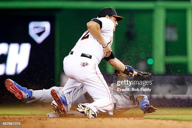 Yasiel Puig of the Los Angeles Dodgers steals second base under the tag of Derek Dietrich of the Miami Marlins during the eighth inning of the game...