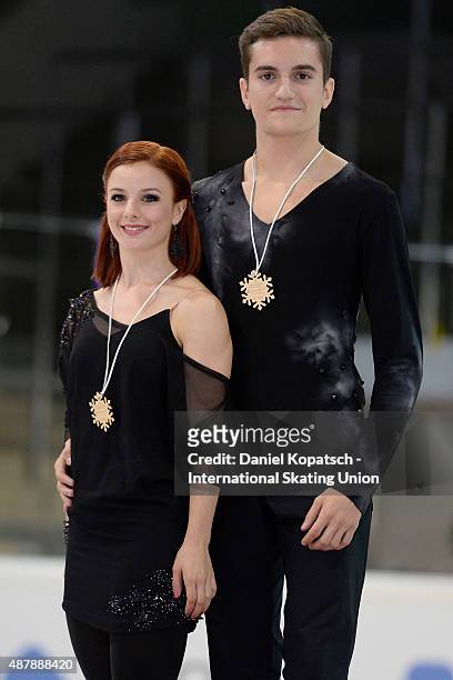 Marie-Jade Lauriault and Romain le Gac of France pose during junior ice dance medal ceremony of ISU Junior Grand Prix of figure skating on September...