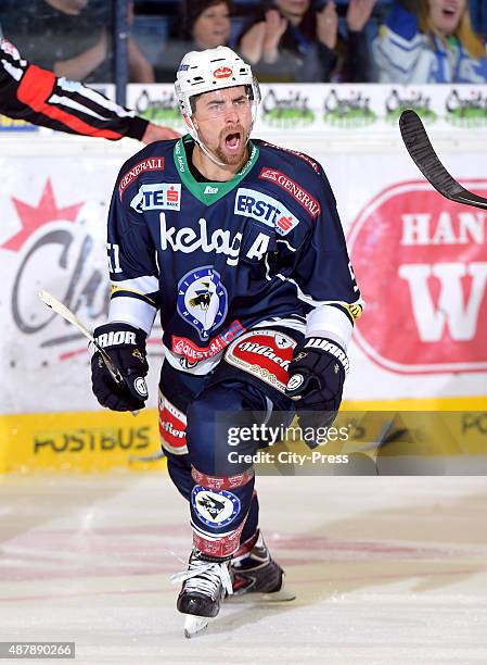 Eric Hunter of EC VSV during the game between EC VSV and Dornbirner Eishockey Club on september 12, 2015 in Villach, Austria.