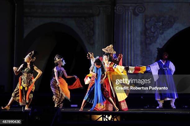 Collaboration between Indonesian and Hahoe South Korea Republic dancers perform Mask Dance during Solo International Performing Arts at Vastenburg...