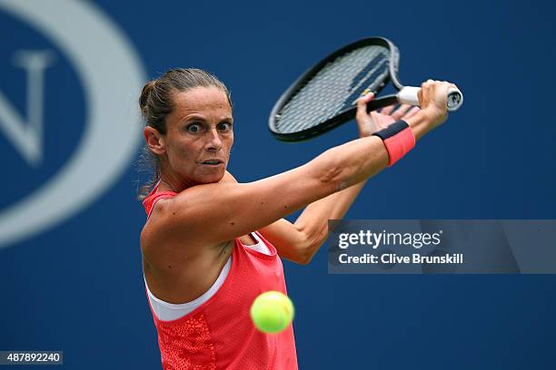 Roberta Vinci of Italy returns a backhand shot to Flavia Pennetta of Italy during their Women's Singles Final match on Day Thirteen of the 2015 US...