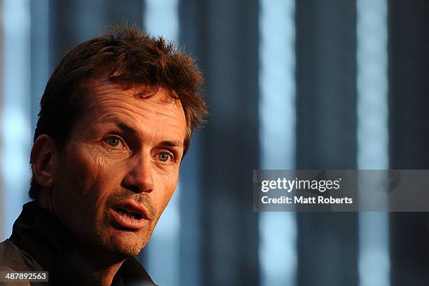 Roar coach Mike Mulvey speaks to the media during the A-League Grand Final preview press conference at Suncorp Stadium on May 3, 2014 in Brisbane,...