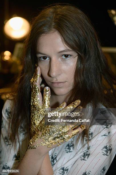 Model prepares backstage at Skingraft 2016 during New York Fashion Week: The Shows at The Space, Skylight at Clarkson Sq on September 12, 2015 in New...