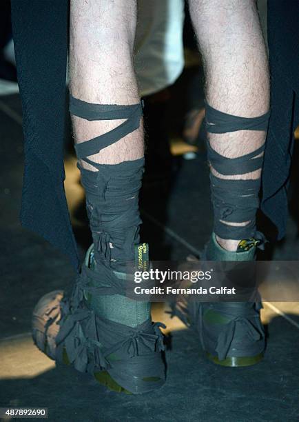 Model, fashion detail, poses wearing Skingraft 2016 during New York Fashion Week: The Shows at The Space, Skylight at Clarkson Sq on September 12,...