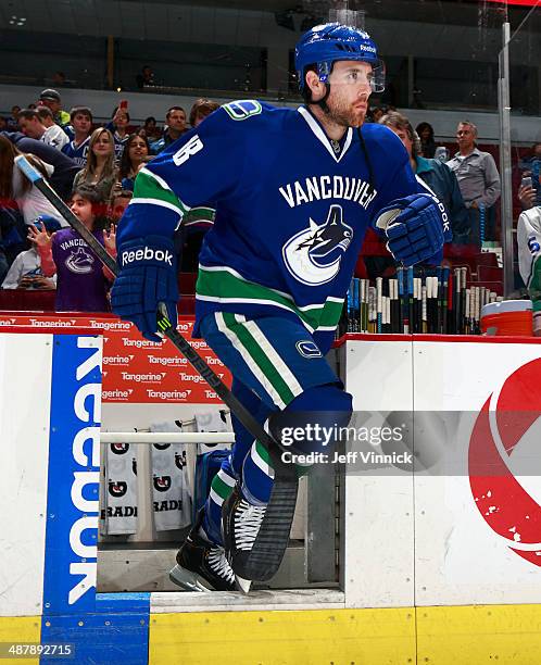 Ryan Stanton of the Vancouver Canucks steps onto the ice during their NHL game against the Anaheim Ducks at Rogers Arena April 7, 2014 in Vancouver,...