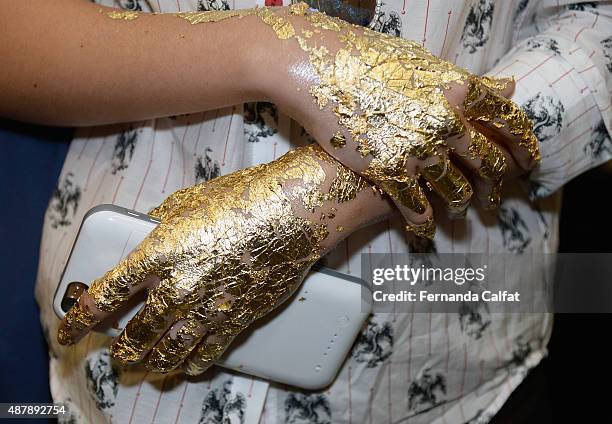 Model, fashion detail, prepares backstage at Skingraft 2016 during New York Fashion Week: The Shows at The Space, Skylight at Clarkson Sq on...