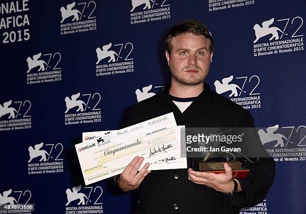 Brady Corbet with the Orizzonti Award for Best Director and the Lion of the Future  'Luigi De Laurentiis' Venice award for a Debut Film - 'The...