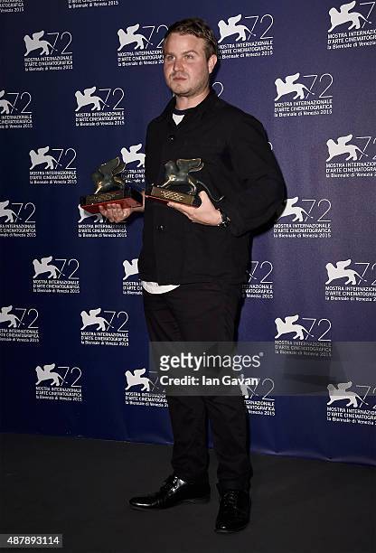 Brady Corbet with the Orizzonti Award for Best Director and the Lion of the Future  'Luigi De Laurentiis' Venice award for a Debut Film - 'The...