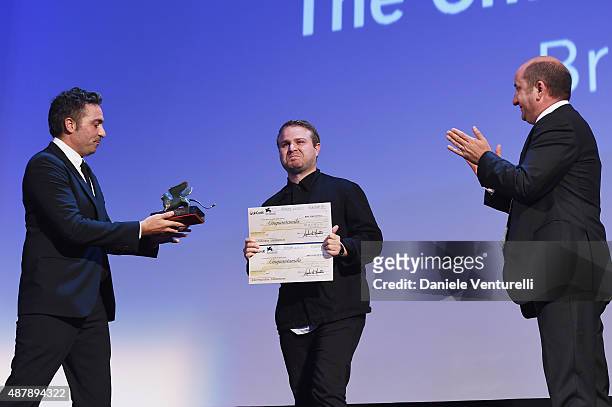 Brady Corbet with the Lion of the Future  'Luigi De Laurentiis' Venice award for a Debut Film - 'The Childhood of a Leader' at the closing ceremony...