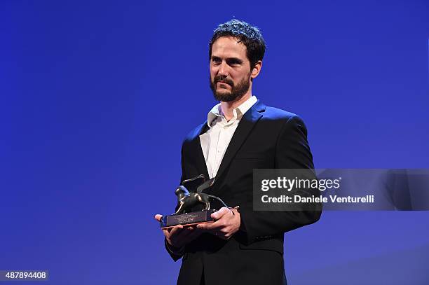 Jake Mahaffy on stage with the Orizzonti Award for Best Film for the movie 'Free in Deed' at the closing ceremony during the 72nd Venice Film...