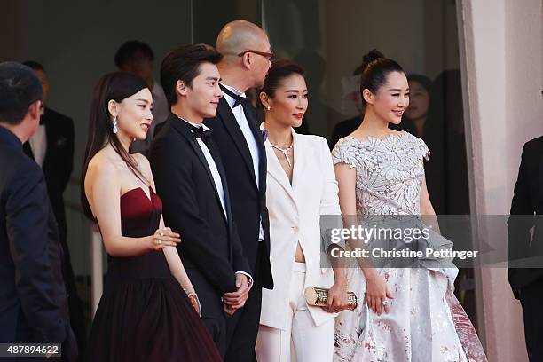 Zhang Yuxian, Li Yifeng, Guan Hu, Jing Liang and Xu Qing attends the closing ceremony and premiere of 'Lao Pao Er' during the 72nd Venice Film...