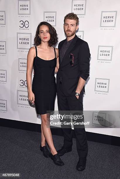 Musicians Chelsea Tyler and Jon Foster of KANEHOLLER pose backstage prior to the Herve Leger fashion show during Spring 2016 New York Fashion Week at...