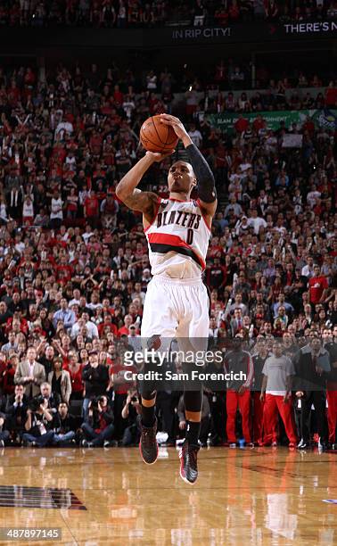 Damian Lillard of the Portland Trail Blazers hits the game winning shot against the Houston Rockets in Game Six of the Western Conference...
