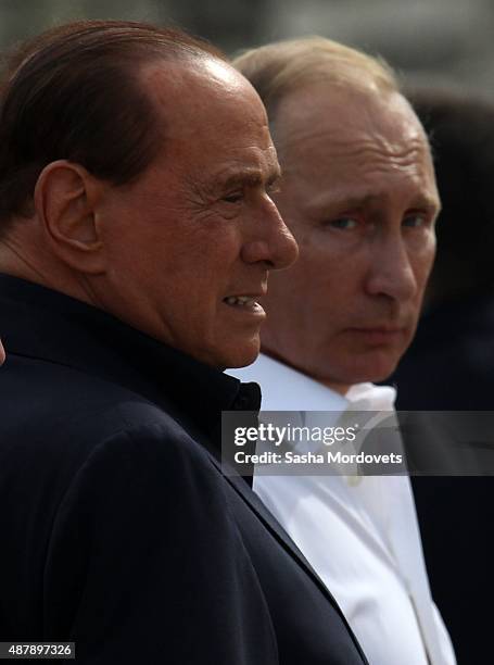 Russian President Vladimir Putin and Former Italian Prime Minister Silvio Berlusconi are seen during joint visit to Chersonesus museum in Sevastopol,...