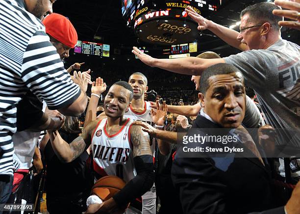 Damian Lillard of the Portland Trail Blazers celebrates after hitting the game winning shot in Game Six of the Western Conference Quarterfinals...