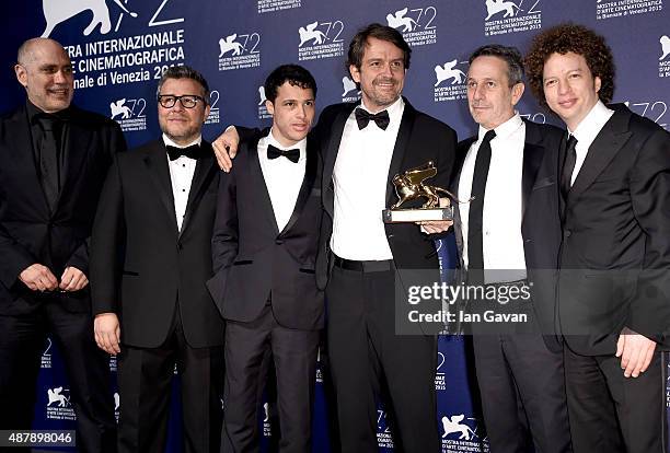 Guillermo Arriaga, Rodolfo Cova, Luis Silva, Director Lorenzo Vigas, Alfredo Castro and Michel Franco pose with the Golden Lion Award for Best Film...