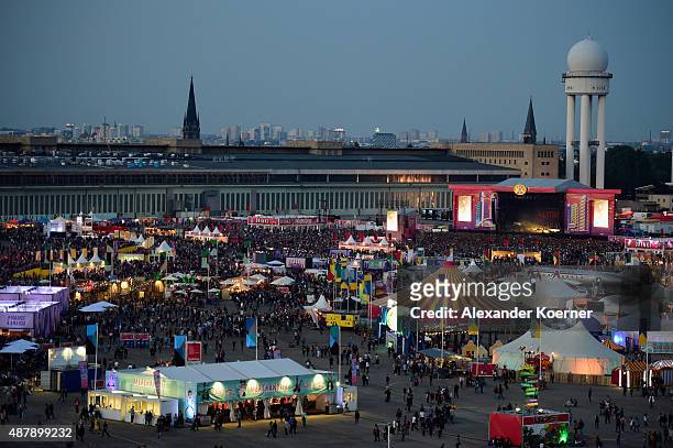 Overview of the festival area during the first day of the Lollapalooza Berlin music festival at Tempelhof Airport on September 12, 2015 in Berlin,...