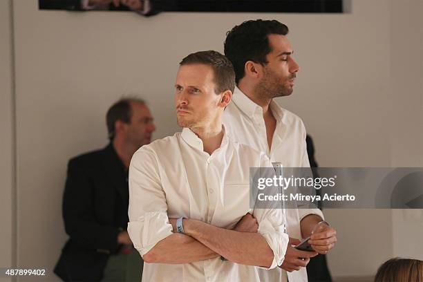 Fashion designer Dion Lee watches the rehearsal at the Dion Lee fashion show during Spring 2016 MADE Fashion Week at Milk Studios on September 12,...