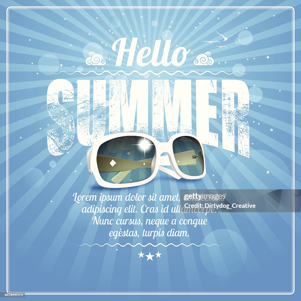 Hello Summer poster with cool white sunglasses on blue rays