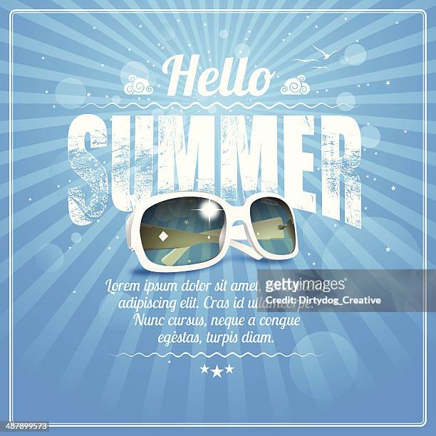 hello summer poster with cool white sunglasses on blue rays - welcome sign stock illustrations