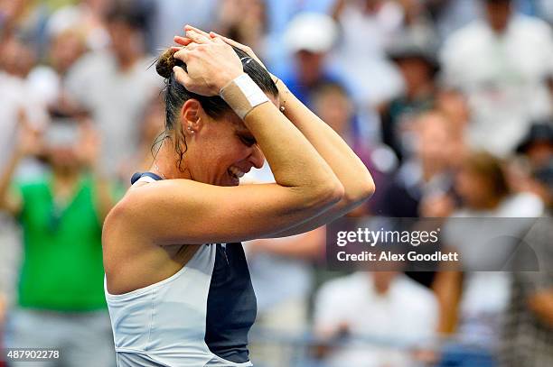 Flavia Pennetta of Italy celebrates after defeating Roberta Vinci of Italy during their Women's Singles Final match on Day Thirteen of the 2015 US...