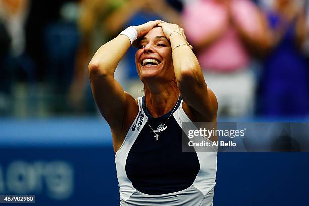 Flavia Pennetta of Italy celebrates after defeating Roberta Vinci of Italy during their Women's Singles Final match on Day Thirteen of the 2015 US...