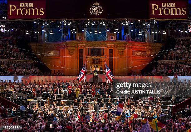 Picture shows US conductor Marin Alsop leading the performance on stage during the last night of the Proms at The Royal Albert Hall in west London on...