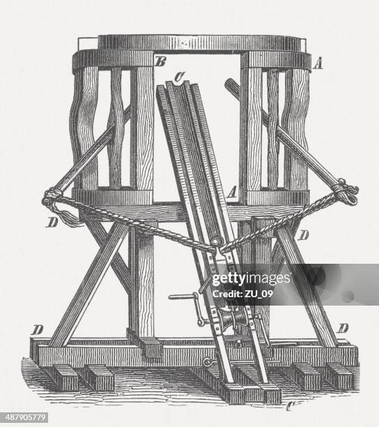 ballista, ancient projectile machine, wood enraving, published in 1882 - catapult stock illustrations