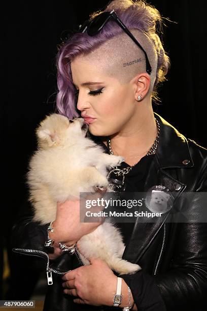 Kelly Osbourne and her dog Polly pose at Francesca Liberatore Spring 2016 during New York Fashion Week: The Shows at The Dock, Skylight at Moynihan...