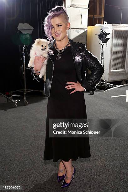 Kelly Osbourne and her dog Polly pose at Francesca Liberatore Spring 2016 during New York Fashion Week: The Shows at The Dock, Skylight at Moynihan...