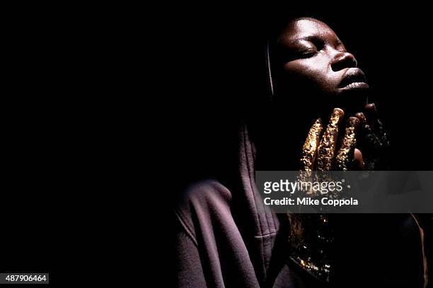 Model poses at the Skingraft presentation during Spring 2016 New York Fashion Week: The Shows at Skylight, Clarkson Sq on September 12, 2015 in New...