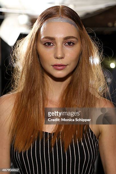Model prepares backstage at Francesca Liberatore Spring 2016 during New York Fashion Week: The Shows at The Dock, Skylight at Moynihan Station on...