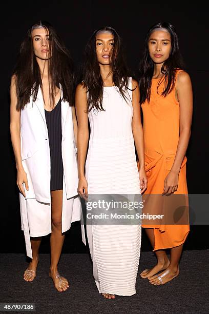 Models pose backstage at Francesca Liberatore Spring 2016 during New York Fashion Week: The Shows at The Dock, Skylight at Moynihan Station on...