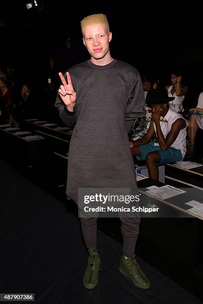 Model Shaun Ross poses at Francesca Liberatore Spring 2016 during New York Fashion Week: The Shows at The Dock, Skylight at Moynihan Station on...