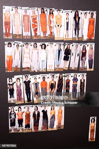 Looks guide hangs backstage at Francesca Liberatore Spring 2016 during New York Fashion Week: The Shows at The Dock, Skylight at Moynihan Station on...