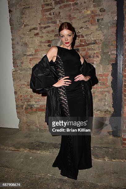 Nicola Lalberte poses backstage just before the start of the Christian Siriano show during Spring 2016 New York Fashion Week at ArtBeam on September...