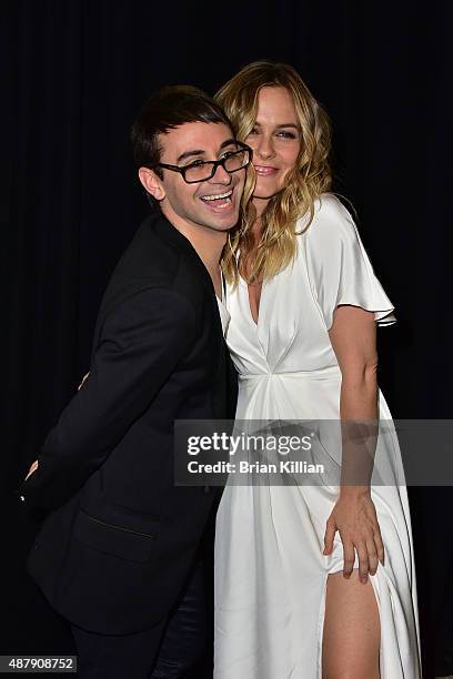 Christian Siriano and Alicia Silverstone pose backstage just before the start of the Christian Siriano show during Spring 2016 New York Fashion Week...