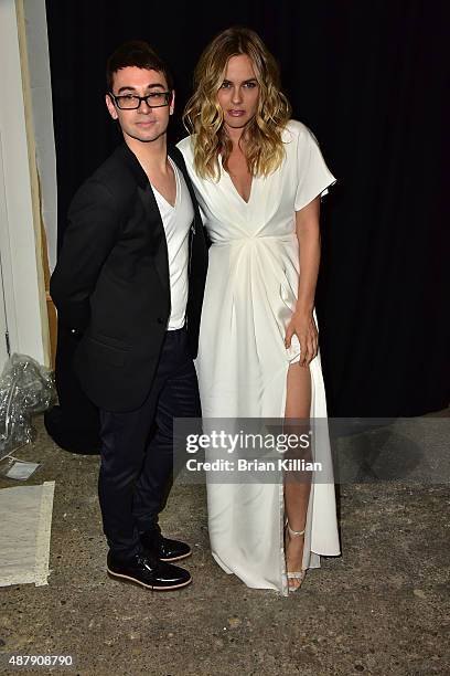 Christian Siriano and Alicia Silverstone pose backstage just before the start of the Christian Siriano show during Spring 2016 New York Fashion Week...