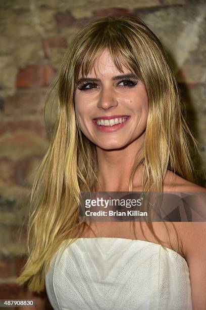 Carlson Young poses backstage just before the start of the Christian Siriano show during Spring 2016 New York Fashion Week at ArtBeam on September...