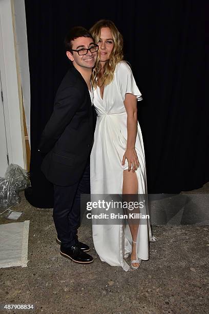 Christian Siriano and Alicia Silverstone pose backstage just before the start of the Christian Siriano show during Spring 2016 New York Fashion Week...