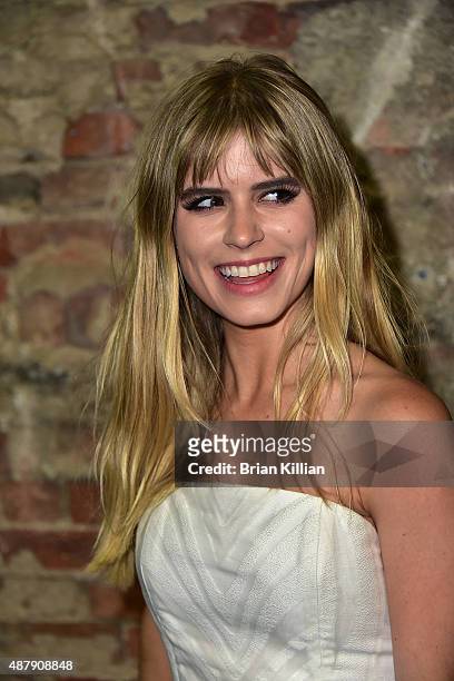 Carlson Young poses backstage just before the start of the Christian Siriano show during Spring 2016 New York Fashion Week at ArtBeam on September...