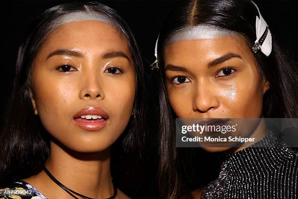 Models pose backstage at Francesca Liberatore Spring 2016 during New York Fashion Week: The Shows at The Dock, Skylight at Moynihan Station on...